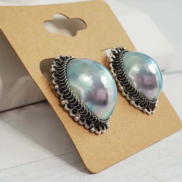 Antique sterling blue osmena nautilus shell earrings - Picture 4 of 5